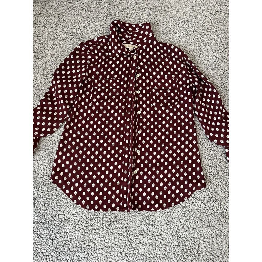 Ann Taylor LOFT Sz M Novelty Lightweight Shirt Acorn Blouse Top Long Sleeve